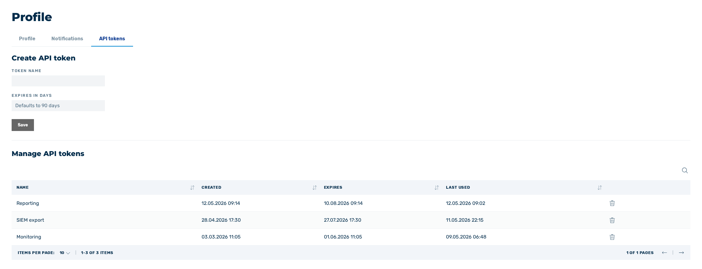 API tokens tab